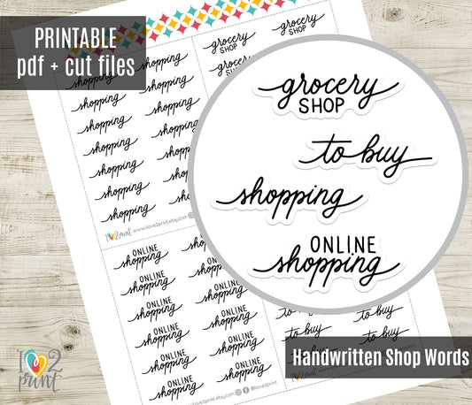 Shopping Handlettered Stickers - Printable "Grocery" "To Buy" "Online Shopping" Words - PDF & Cut Files