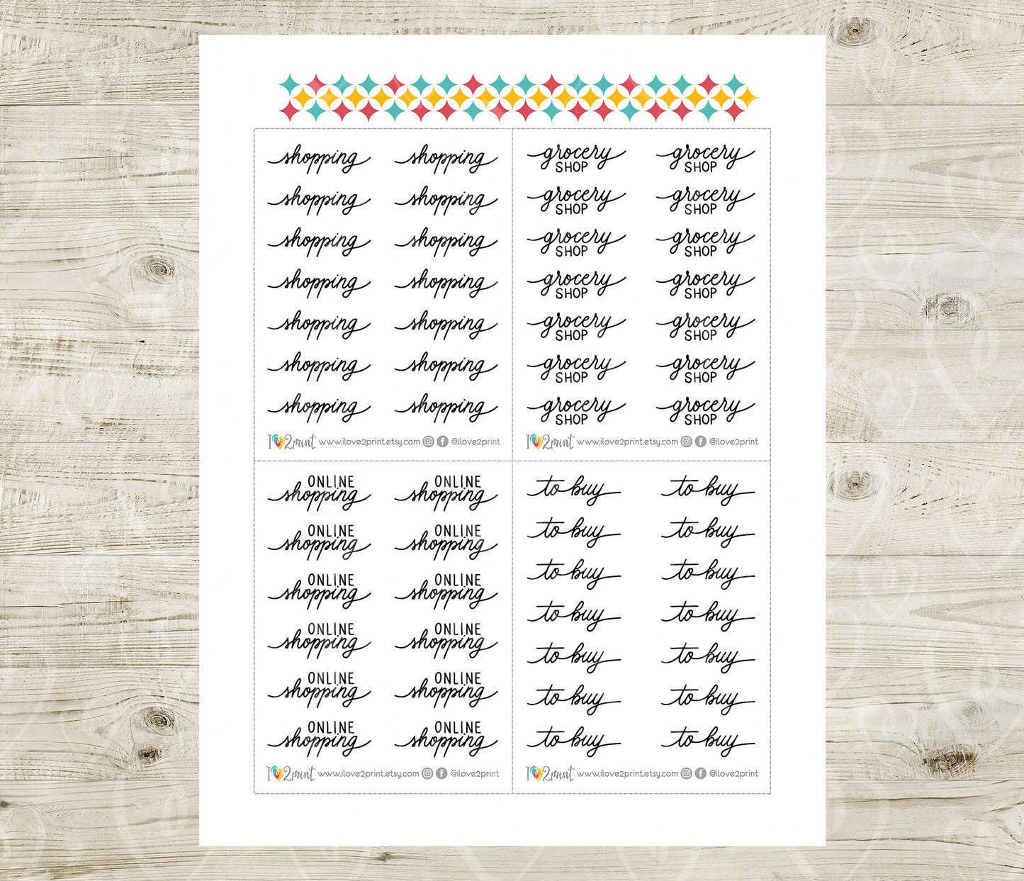Shopping Handlettered Stickers - Printable "Grocery" "To Buy" "Online Shopping" Words - PDF & Cut Files