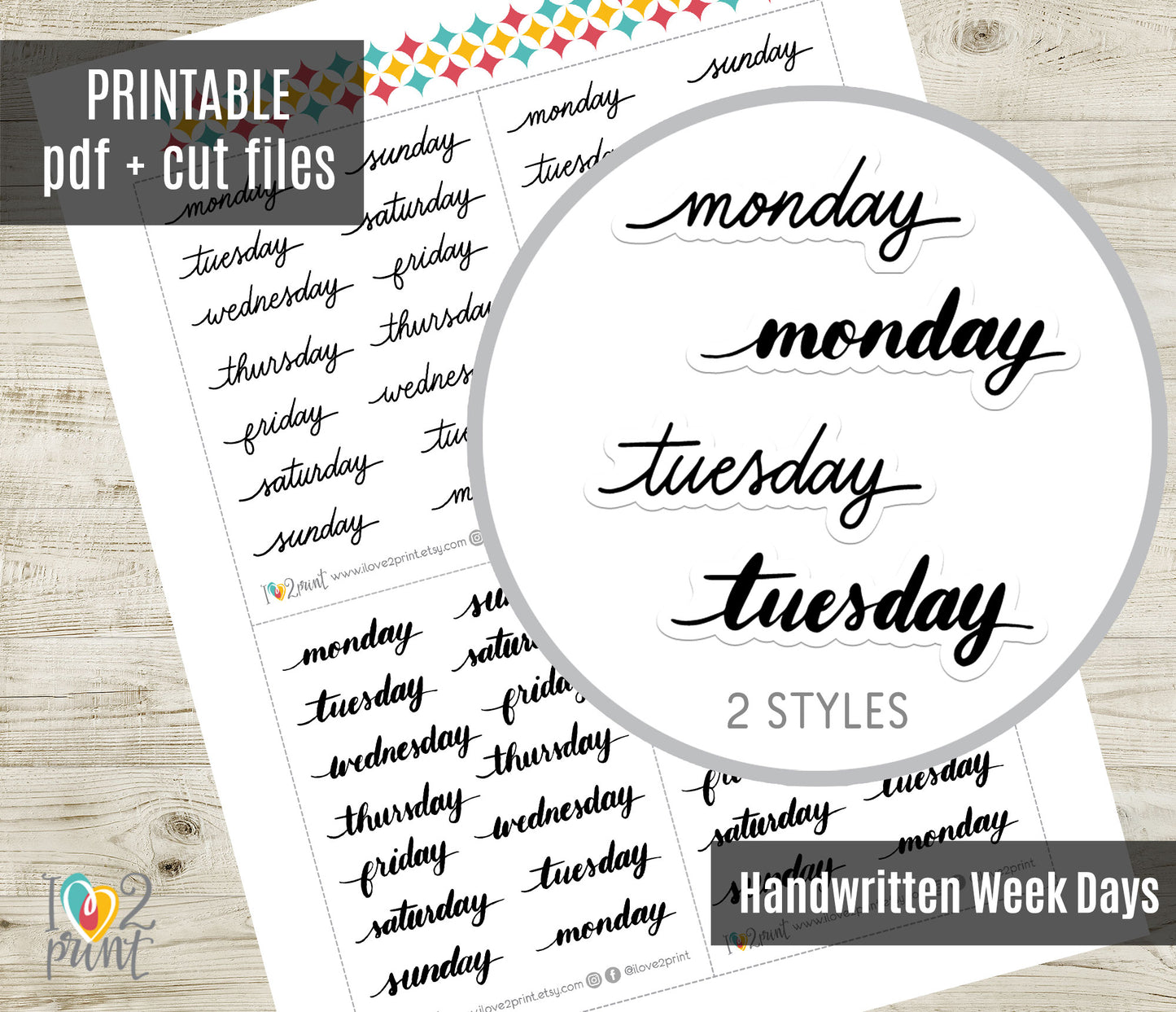 Week Days Handlettered Stickers - Printable Monday to Sunday Words - PDF & Cut Files