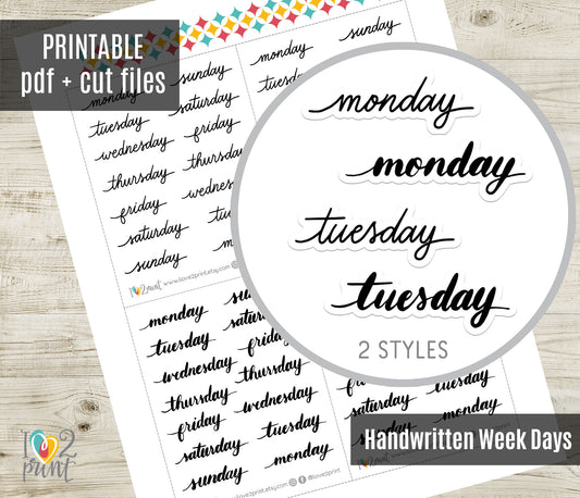 Week Days Handlettered Stickers - Printable Monday to Sunday Words - PDF & Cut Files