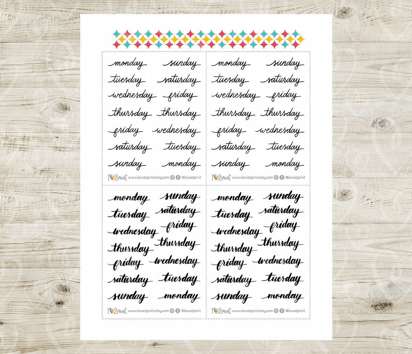 Week Days Handlettered Stickers - Printable Monday to Sunday Words - PDF & Cut Files