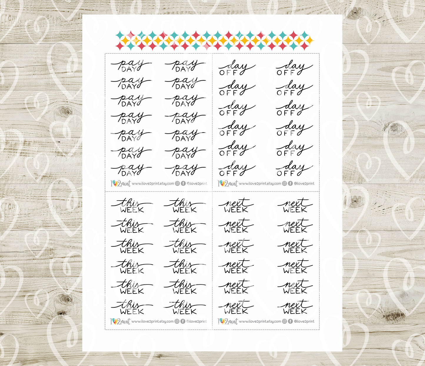 Printable Handlettered Stickers - This Week, Pay Day, Day Off, Next Week - PDF & Cut Files