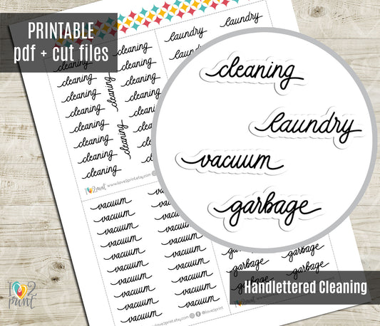 Cleaning Handlettered Stickers - Printable Vaccumn, Laundry, Garbage Words - PDF & Cut Files