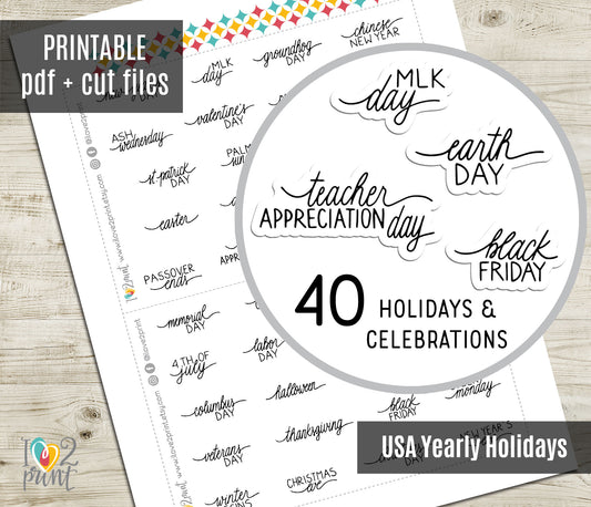 40 Holidays Handlettered Stickers - Printable Celebration Words - PDF & Cut Files