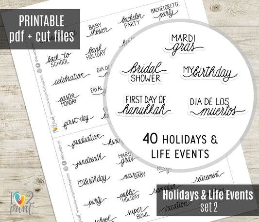 40 Holidays and Life Events Handlettered Stickers Set 2 - Printable Words - PDF & Cut Files