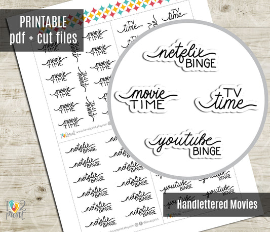Movie Time Handlettered Stickers - Printable TV Time, Netflix and Youtube Binge Words - PDF & Cut Files