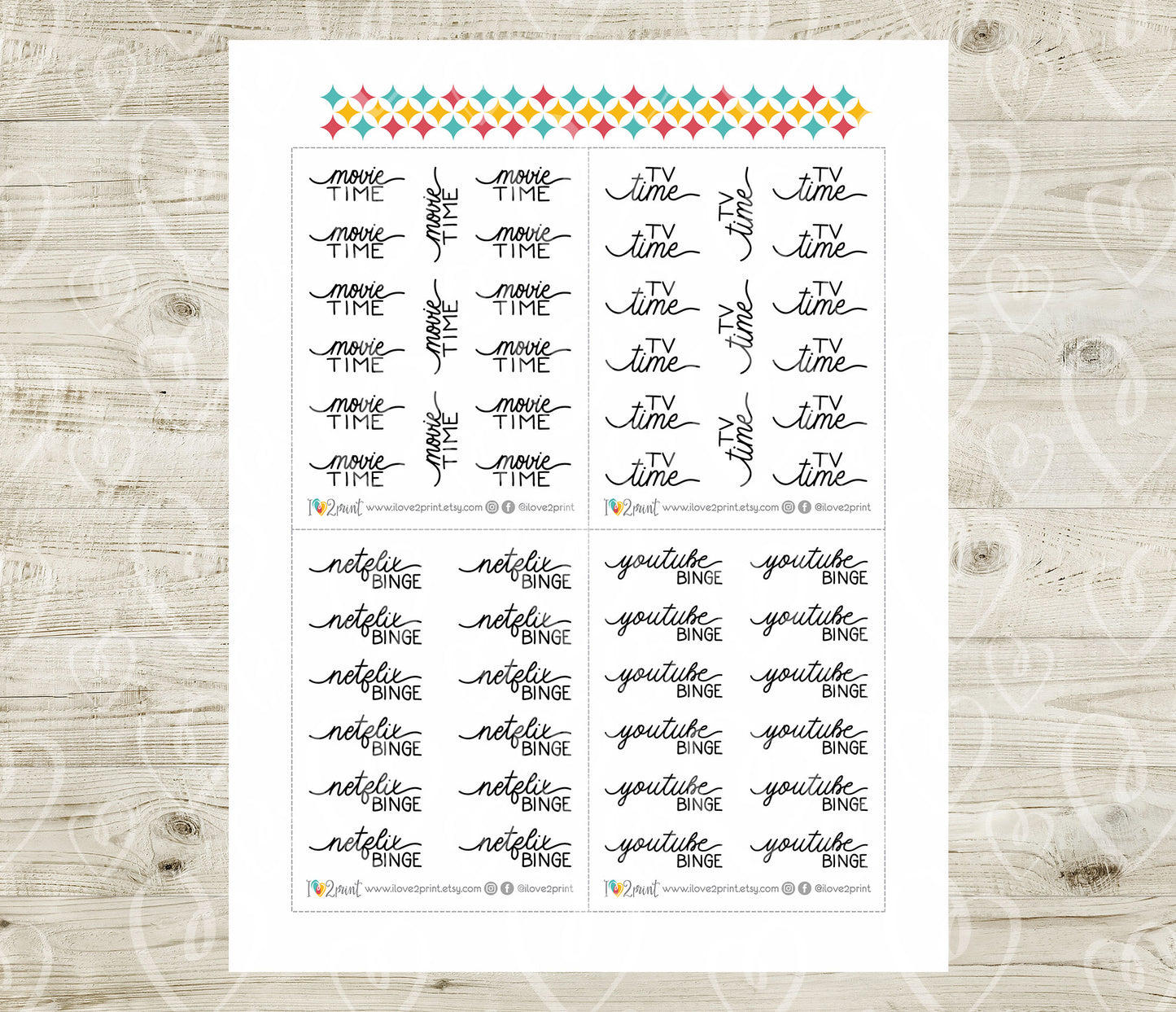 Movie Time Handlettered Stickers - Printable TV Time, Netflix and Youtube Binge Words - PDF & Cut Files