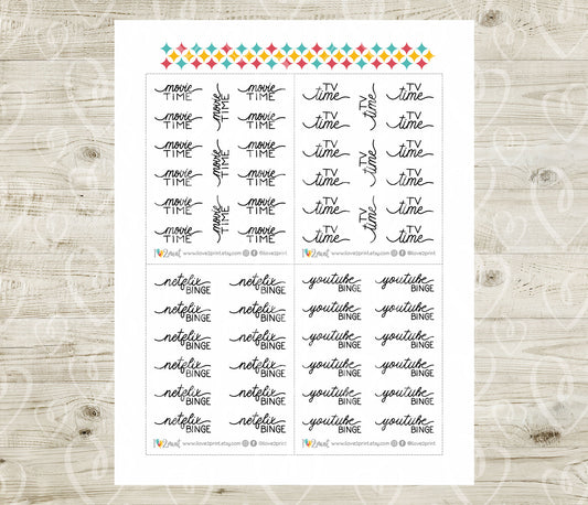 Movie Time Handlettered Stickers - Printable TV Time, Netflix and Youtube Binge Words - PDF & Cut Files