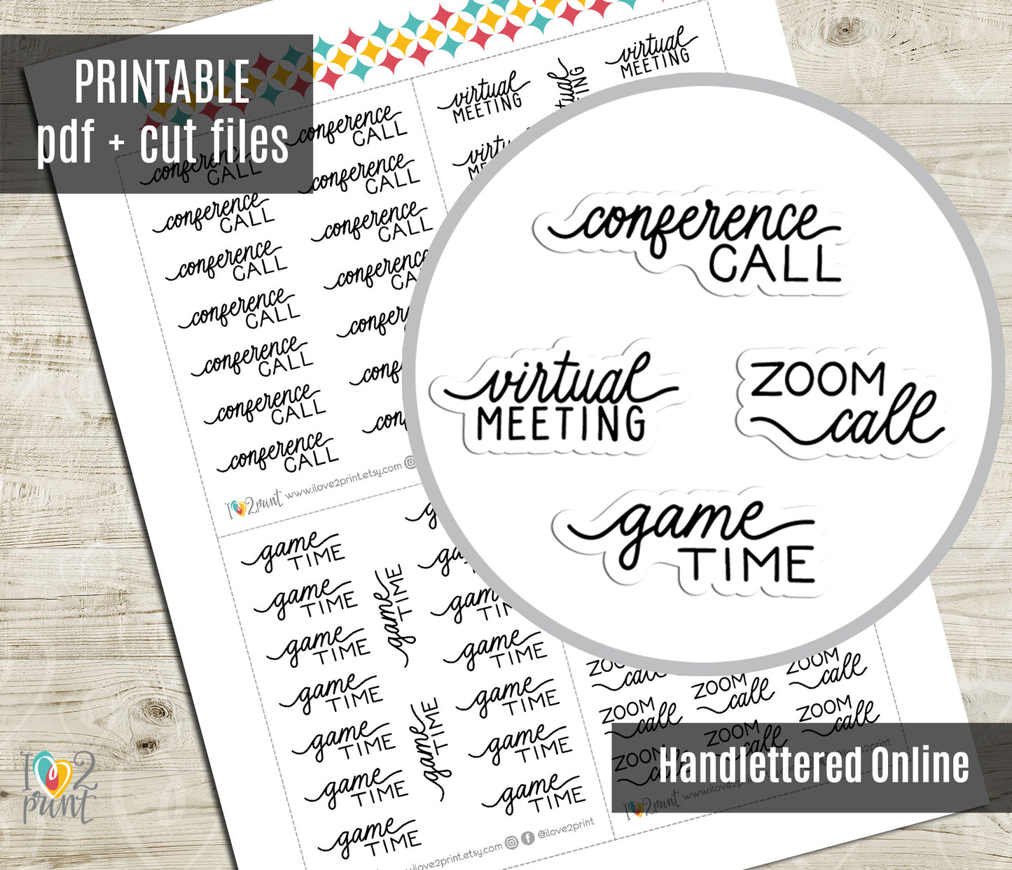 Online Time Handlettered Stickers - Printable Conference & Zoom Call, Virtual Meeting and Game Time Words - PDF & Cut Files