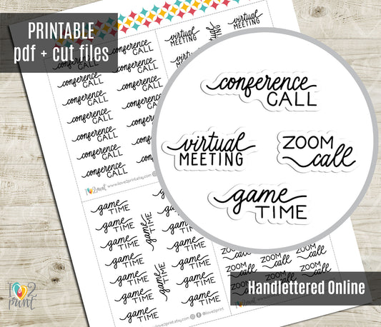 Online Time Handlettered Stickers - Printable Conference & Zoom Call, Virtual Meeting and Game Time Words - PDF & Cut Files