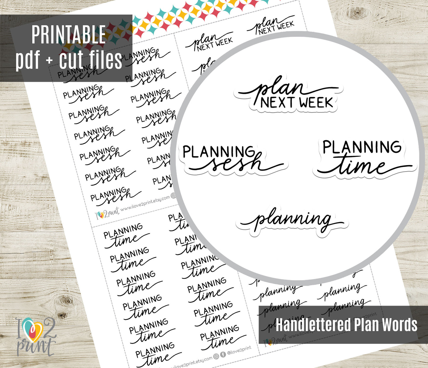 Planning Handlettered Stickers - Printable "Plan Next Week" "Planning Sesh" Words - PDF & Cut Files