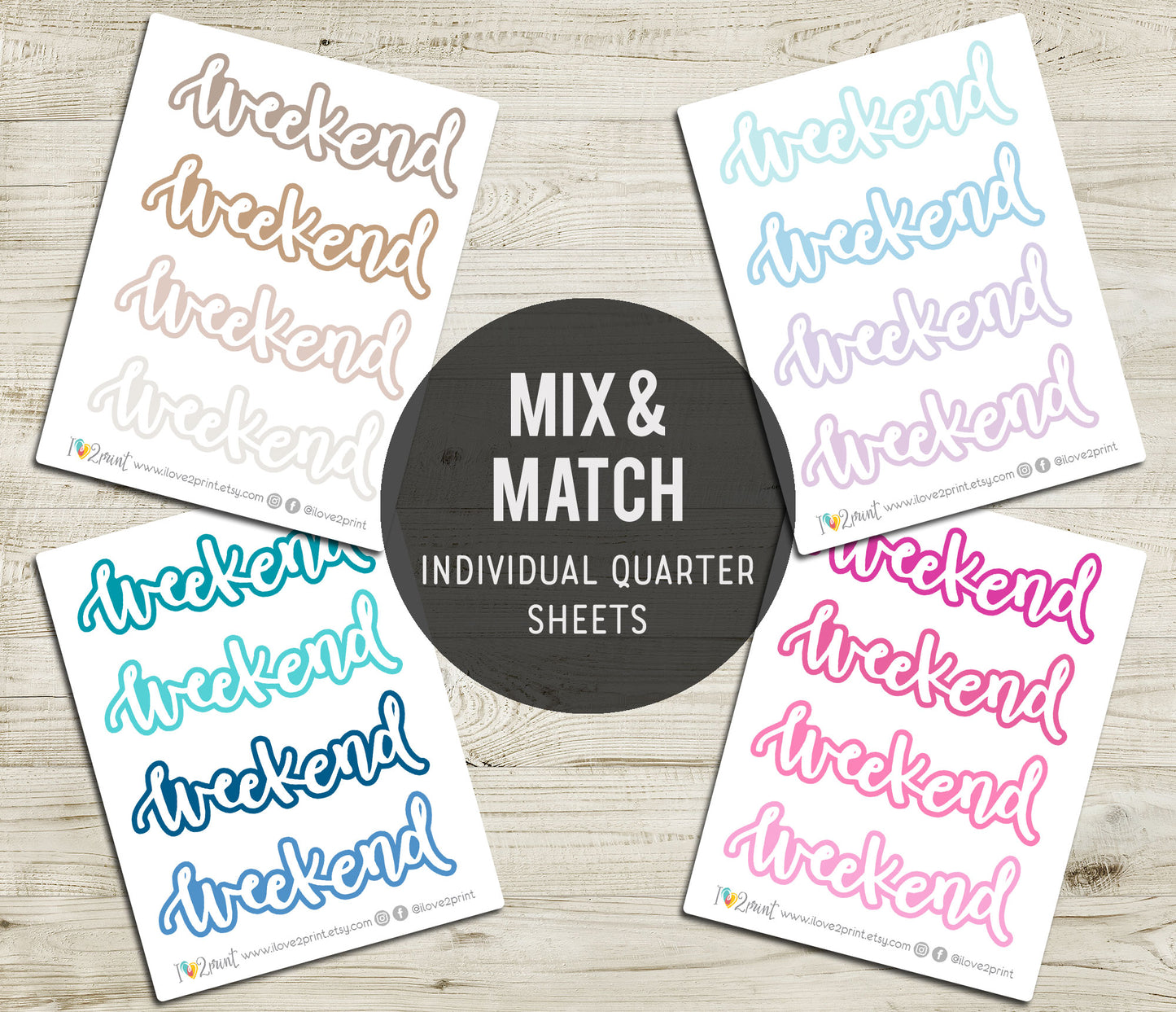 Handlettered Weekend Colored Background Printable Stickers | Bold Blocks | PDF Cut Files