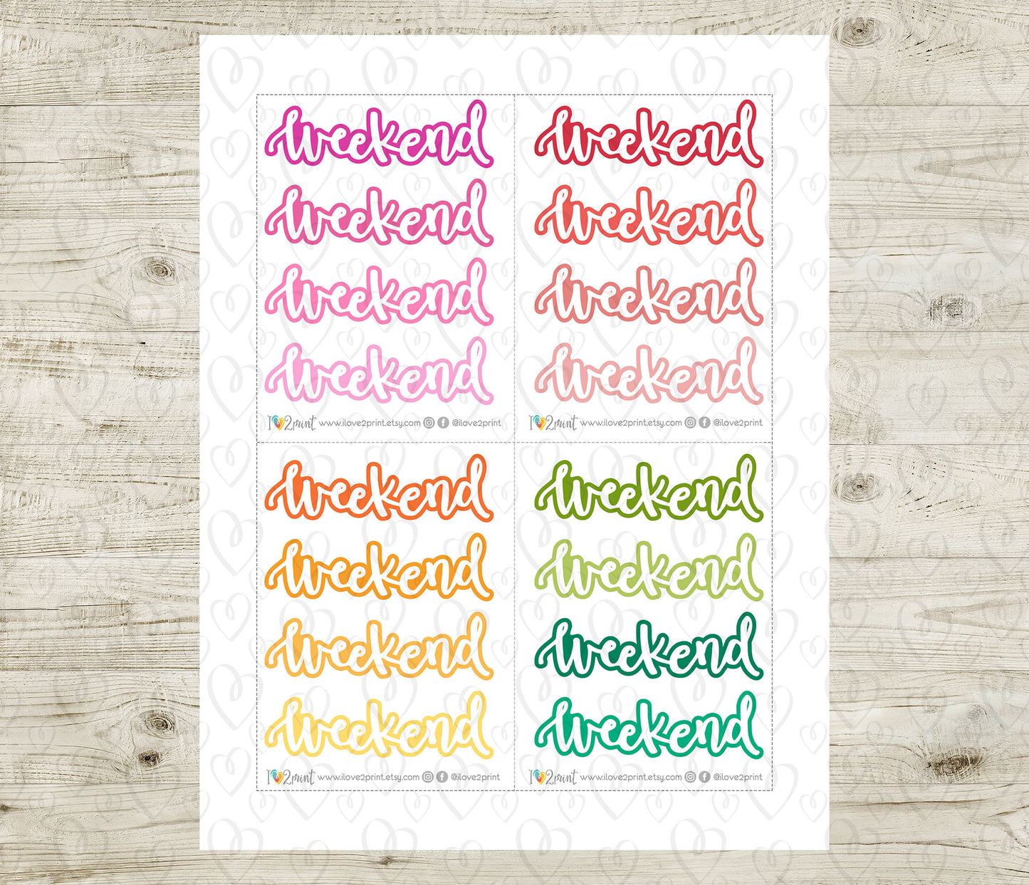 Handlettered Weekend Colored Background Printable Stickers | Bold Blocks | PDF Cut Files