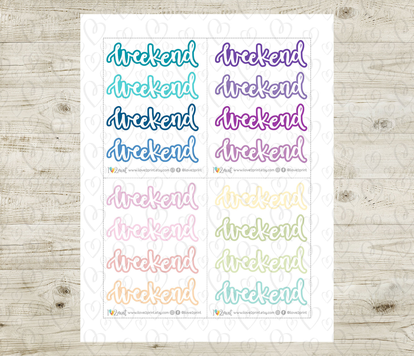 Handlettered Weekend Colored Background Printable Stickers | Bold Blocks | PDF Cut Files