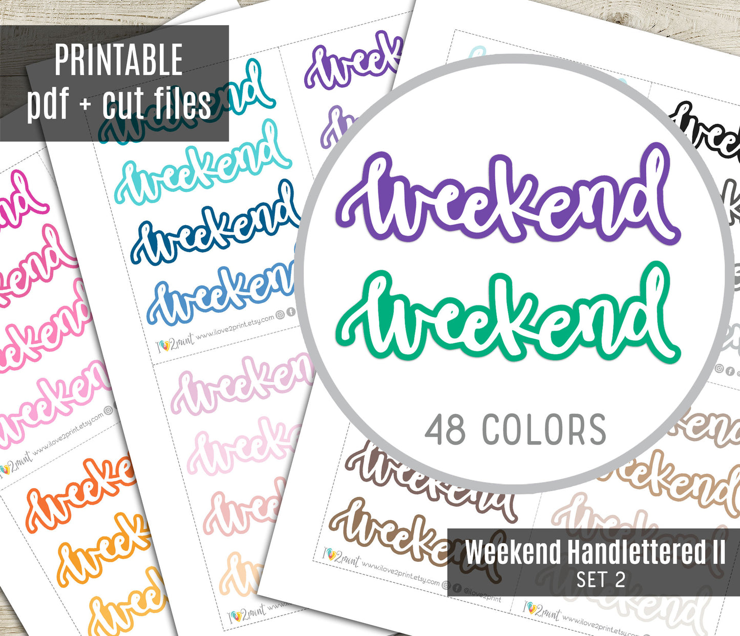 Handlettered Weekend Colored Background Printable Stickers | Bold Blocks | PDF Cut Files