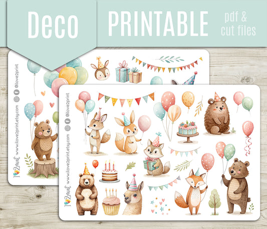 Forest Birthday Party Decorative Stickers – Printable PDF & Cut Files