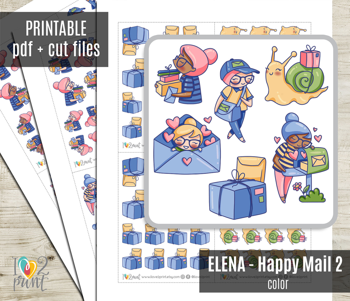 Elena Happy Mail II - COLOR Printable Planner Sticker - PDF & Cut Files