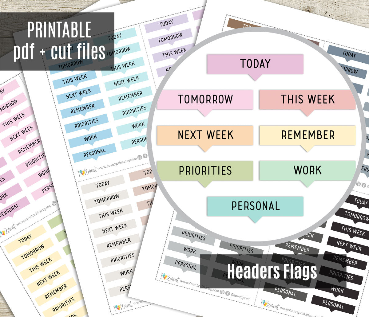 Printable planner stickers with text labels like 'Today', 'Tomorrow', 'Next Week' on a white background.