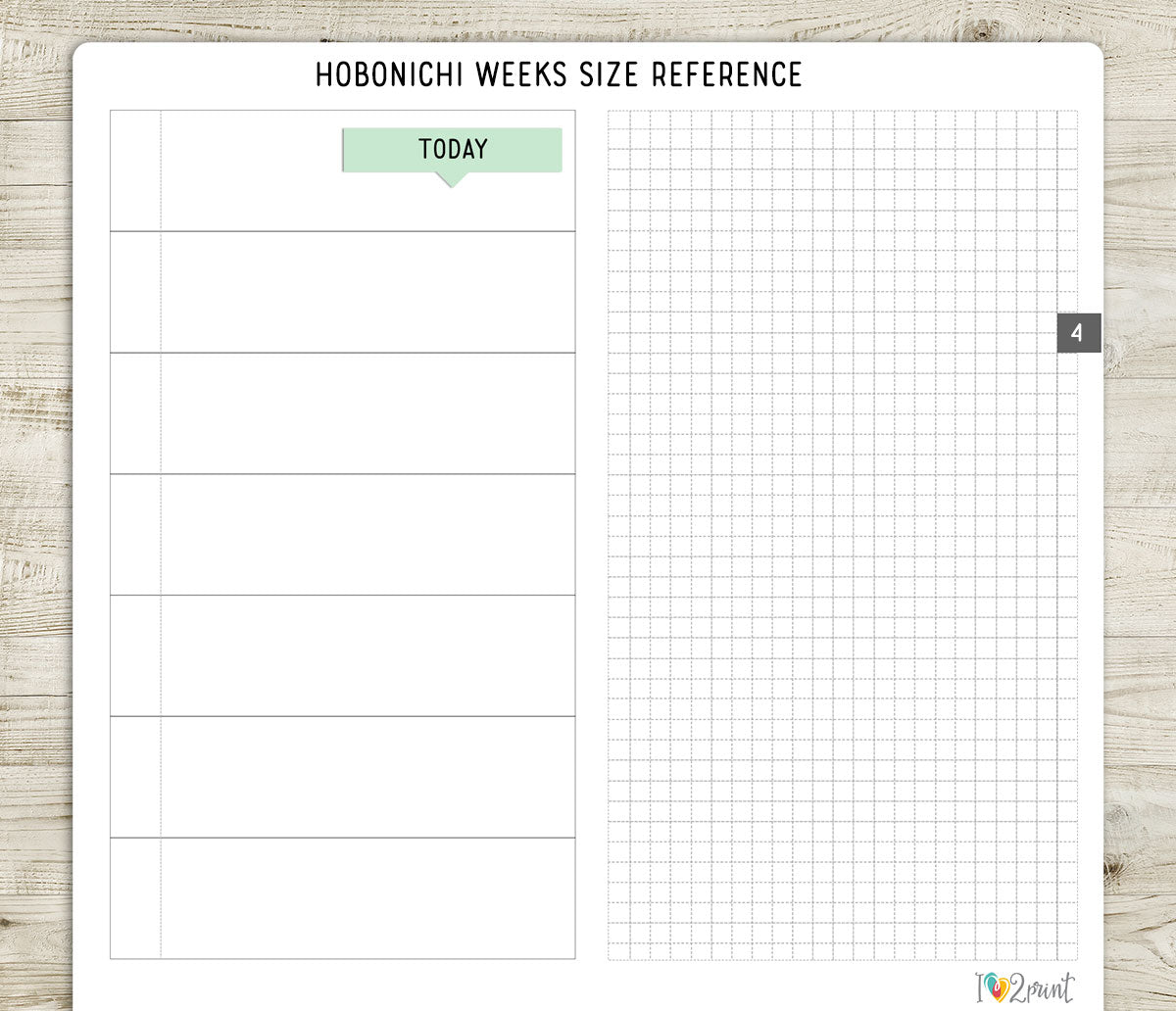 Today header sticker on a Hobonichi Weeks size reference sheet on a wooden surface