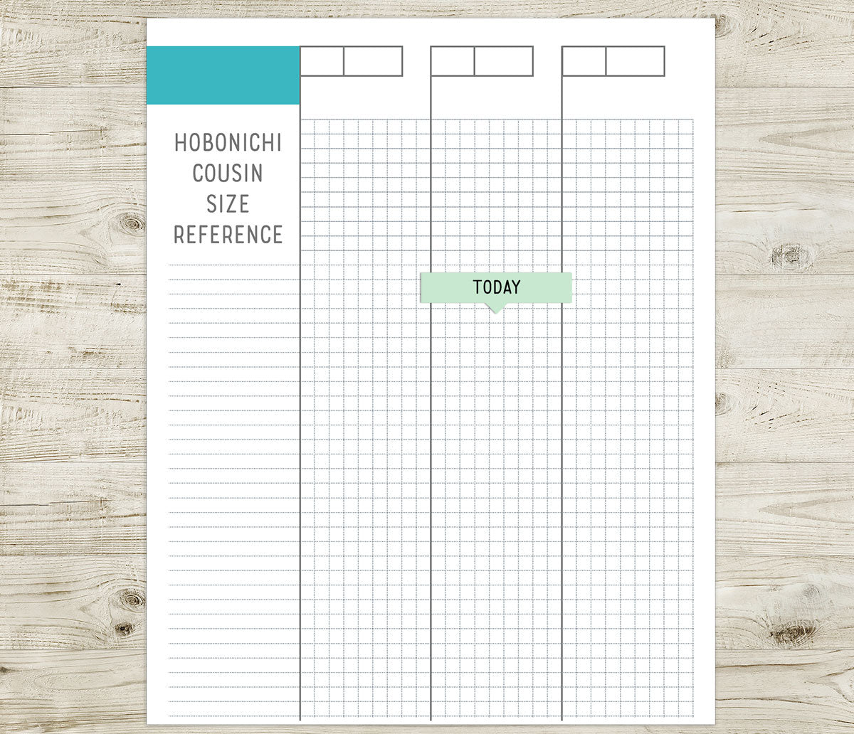 Today header sticker on a Hobonichi cousin size reference sheet on a wooden surface