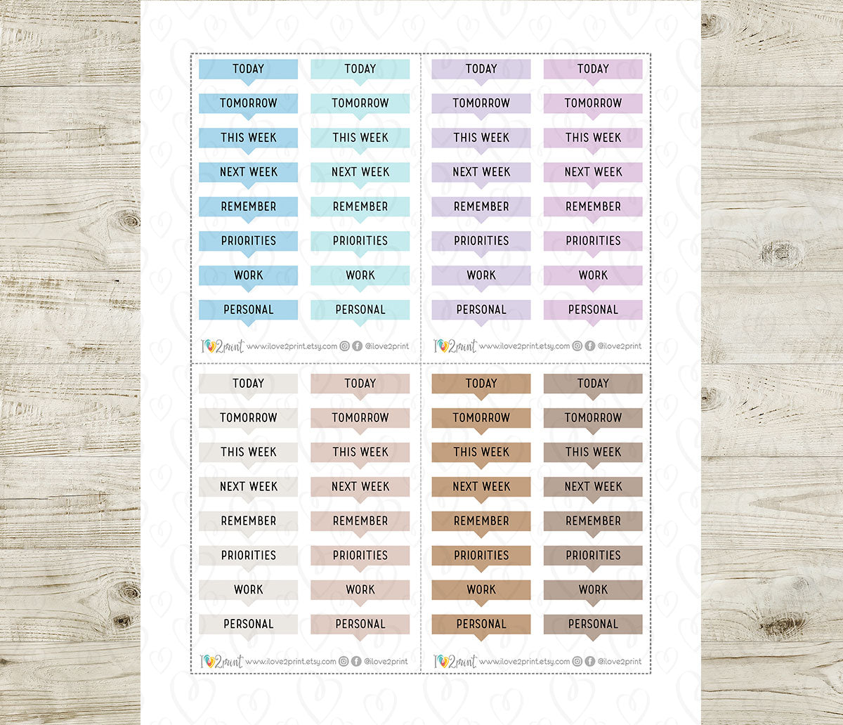 Sheet of planner stickers with 'TODAY', 'tomorrow', 'this week', 'next week' labels on a wooden surface.