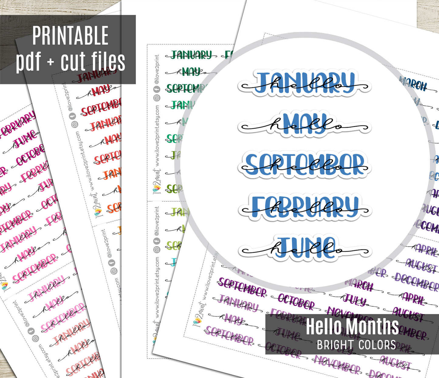 Hello Months Handlettered Stickers - Printable Month Banner - PDF & Cut Files