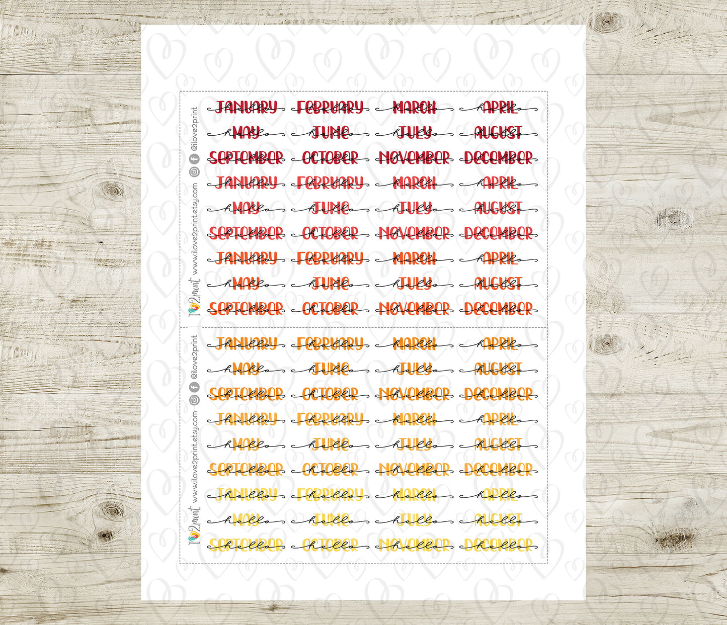 Hello Months Handlettered Stickers - Printable Month Banner - PDF & Cut Files
