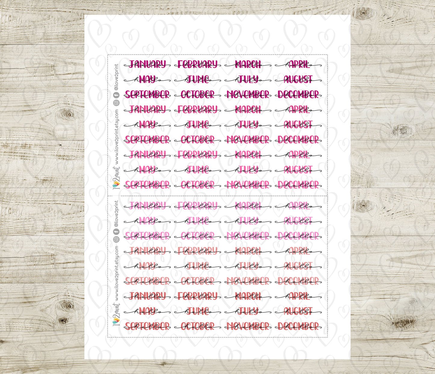 Hello Months Handlettered Stickers - Printable Month Banner - PDF & Cut Files