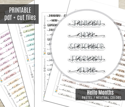 Hello Months PASTEL Handlettered Stickers - Printable Month Banner - PDF & Cut Files