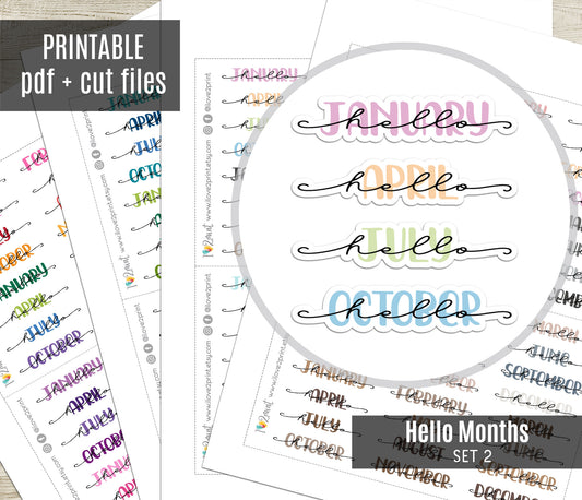 Mixed Hello Months Handlettered Stickers - Printable Month Banner - PDF & Cut Files