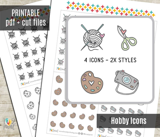 Printable Hobbies Icons Stickers – Knit, Camera, Scissors & Paint – Instant Download PDF + Cut Files