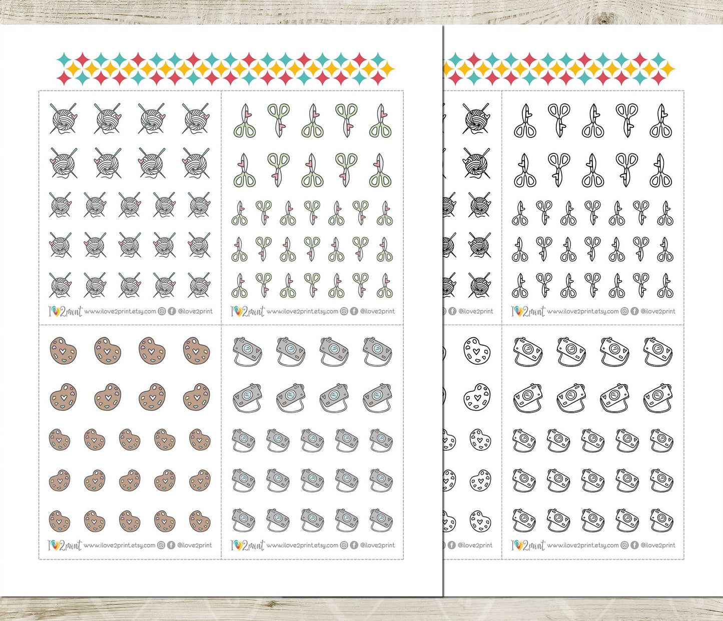 Printable Hobbies Icons Stickers – Knit, Camera, Scissors & Paint – Instant Download PDF + Cut Files