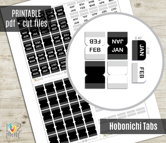 Hobonichi Month Index Tabs - Black and White Printable Planner Stickers  - PDF & Cut Files