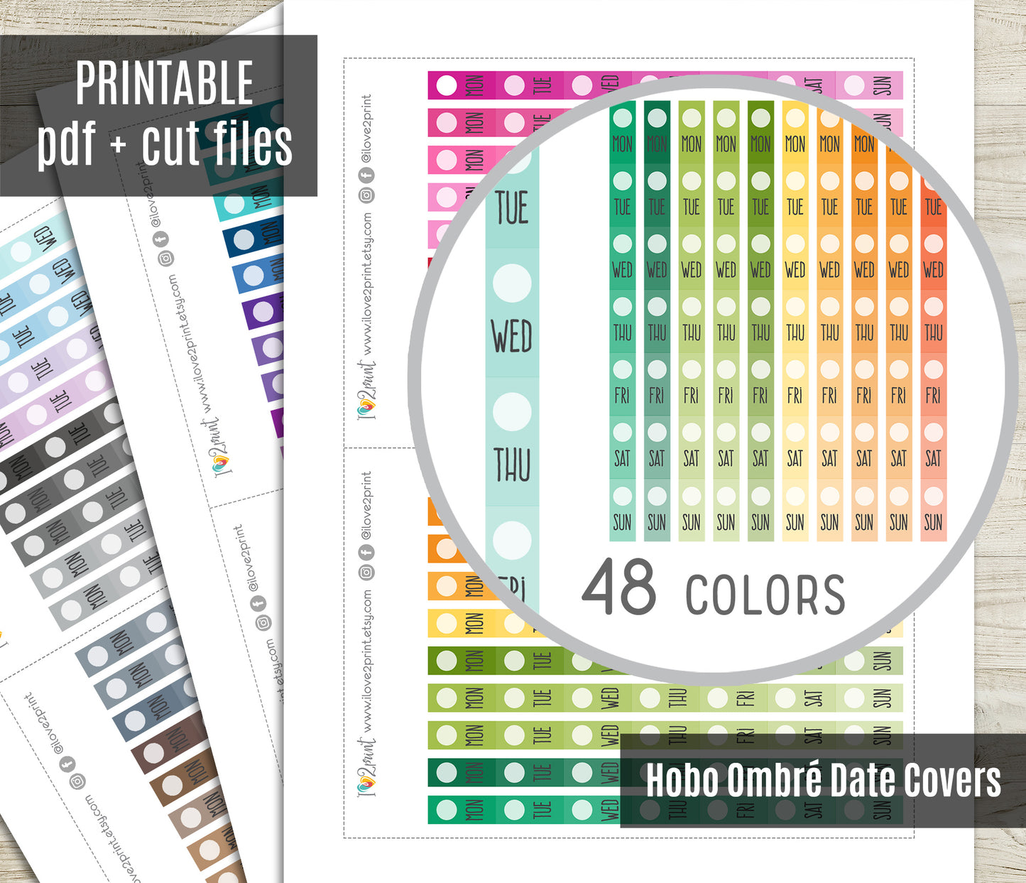 Ombré Hobonichi Weeks Date Covers Set2 - Functional Printable Stickers - PDF & Cut Files