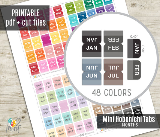Hobonichi Month Index Tabs - Colorful Printable Planner Stickers  - PDF & Cut Files