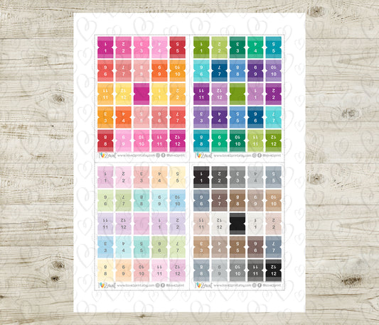 Hobonichi Month Numbers Index Tabs - Colorful Printable Planner Stickers  - PDF & Cut Files