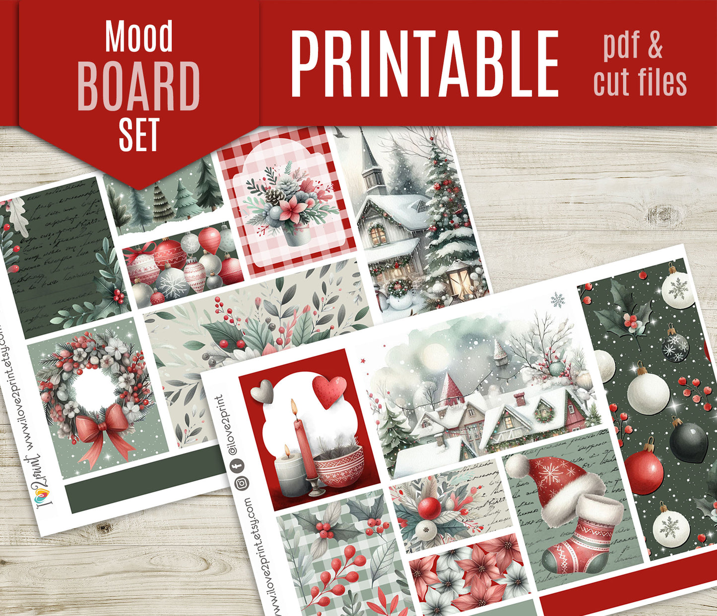 Holidays Flowers Moodboard Stickers - Christmas 1,5" boxes Printable PDF & Cut Files
