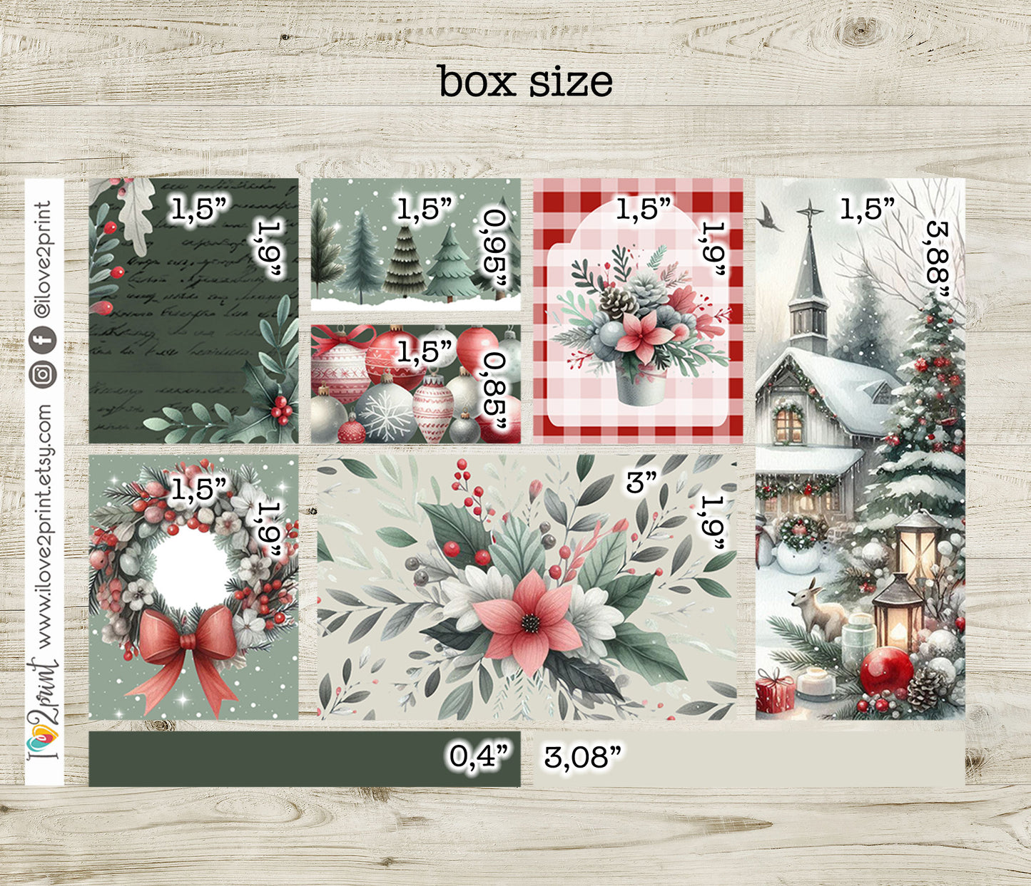 Holidays Flowers Moodboard Stickers - Christmas 1,5" boxes Printable PDF & Cut Files