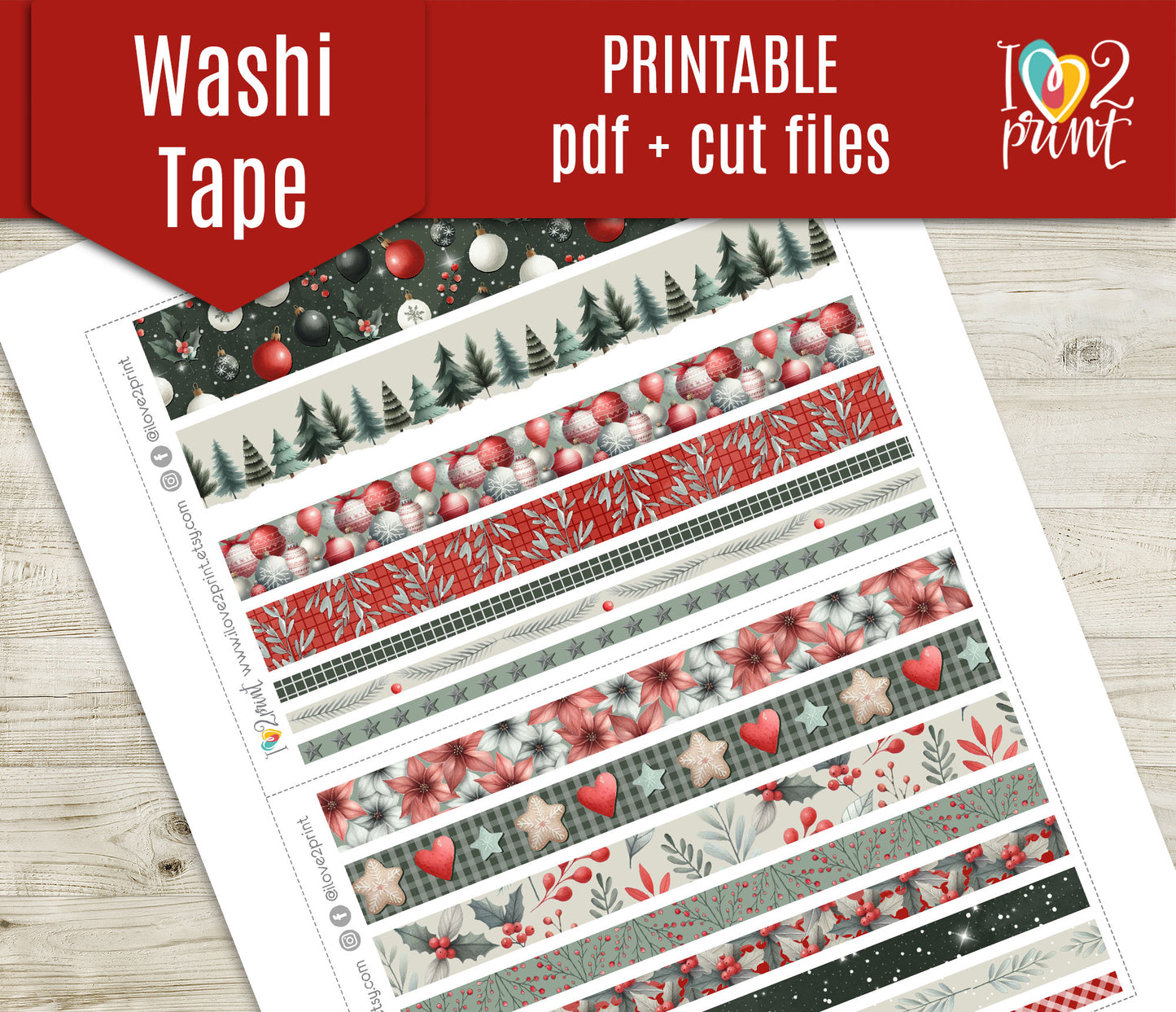 Holidays Flowers Strips Set | Christmas Planner Washi Tape | Printable & Cut Files