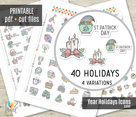 40 US Holidays Holidays Stickers – COLOR Printable Planner Icons - PDF & Cut Files