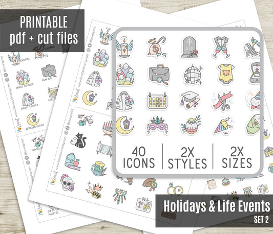 60 Holidays and Life Events Stickers – COLOR Printable Planner Icons - PDF & Cut Files