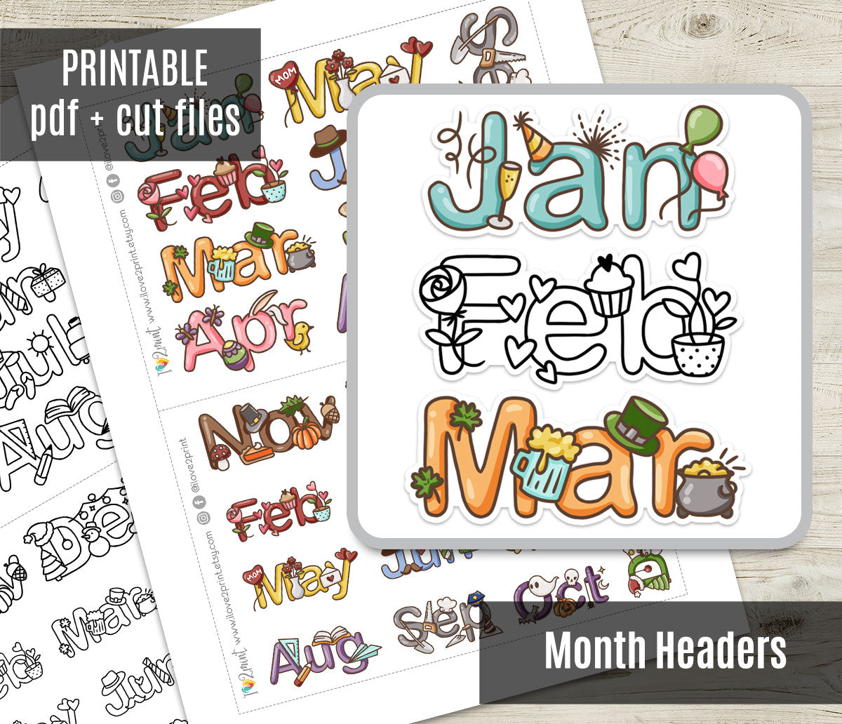Month Decorated Headers - Printable Planner Stickers –  Functional Set – Instant Download