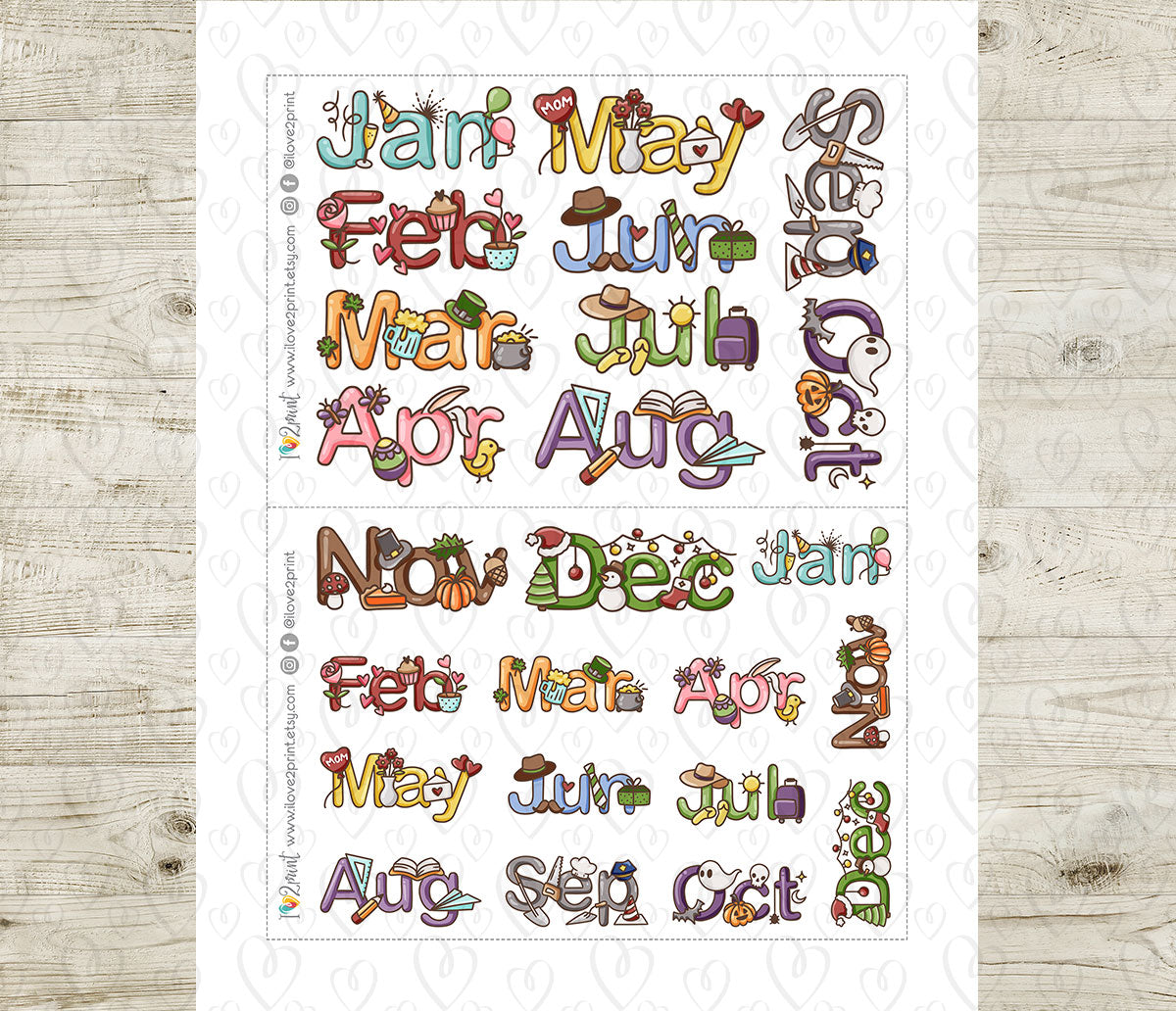 Month Decorated Headers - Printable Planner Stickers –  Functional Set – Instant Download