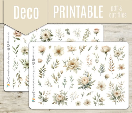 Ivory Flowers Decorative Stickers - Printable PDF & Cut Files