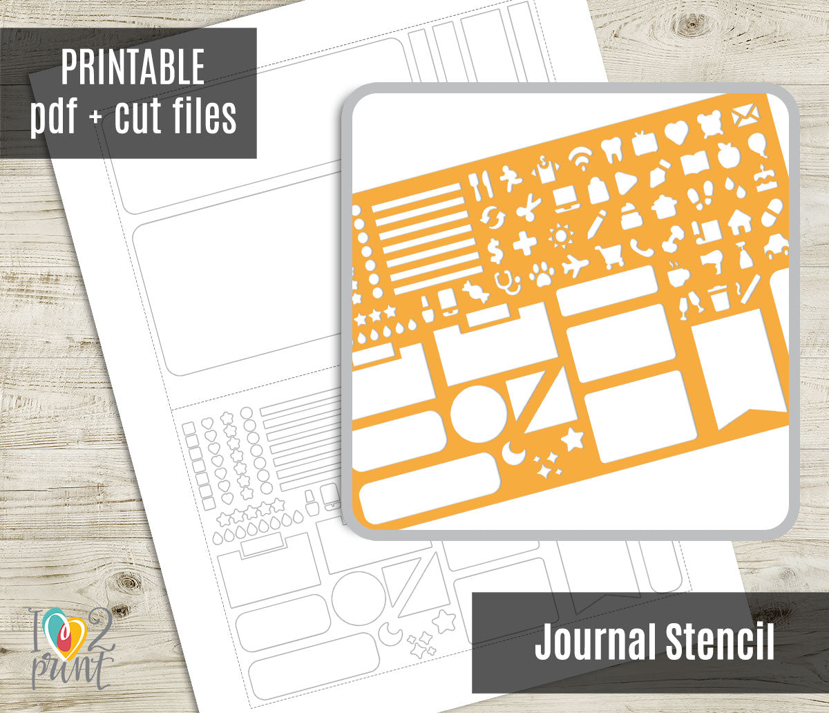 Bullet Journal Stencil with various icons and label sizes on a wooden surface
