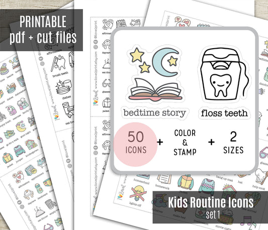 50 Kids Routine Icons Stickers Set1 – Printable Planner Icons (PDF & Cut Files)