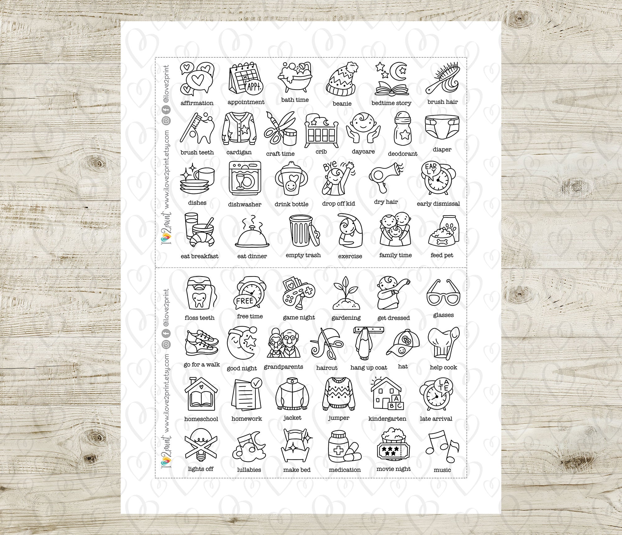 50 Kids Routine Icons Stickers Set1 – Printable Planner Icons (PDF & C ...