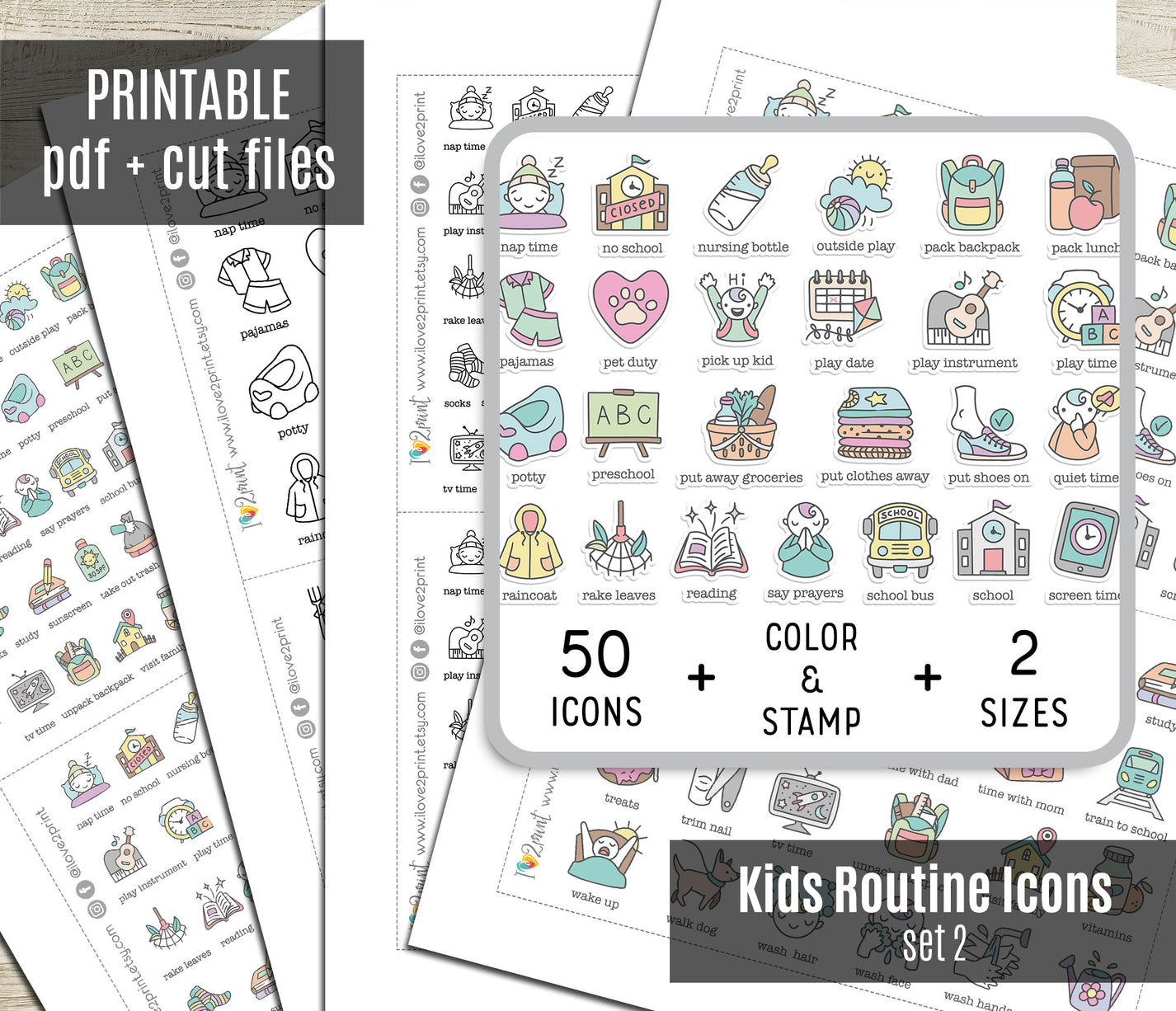 50 Kids Routine Icons Stickers Set2 – Printable Planner Icons (PDF & C ...