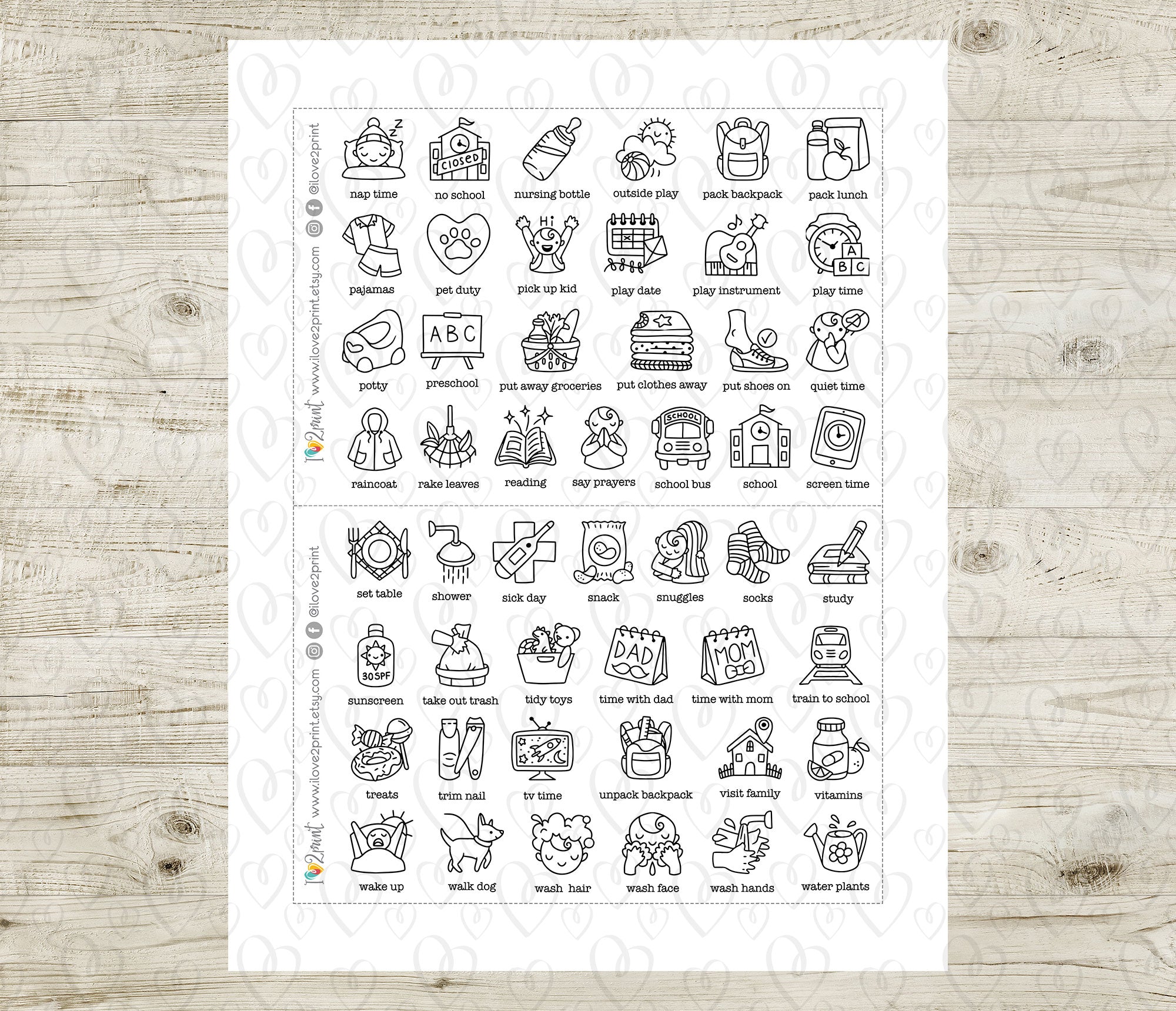 50 Kids Routine Icons Stickers Set2 – Printable Planner Icons (PDF & C ...
