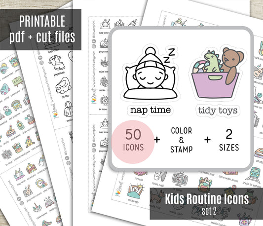50 Kids Routine Icons Stickers Set2 – Printable Planner Icons (PDF & Cut Files)